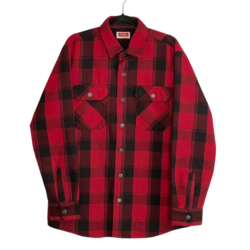 Wrangler Mens Red Black Buffalo Plaid Fleece Shirt Jacket Shacket HLP1ACR Size M